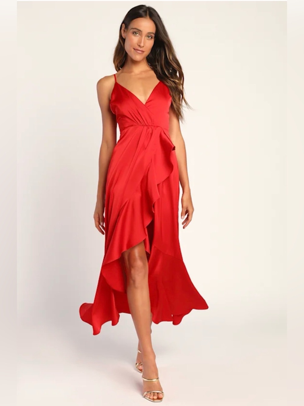 Lulu's Enchanted Moments Red Satin Ruffled High-Low Dress
